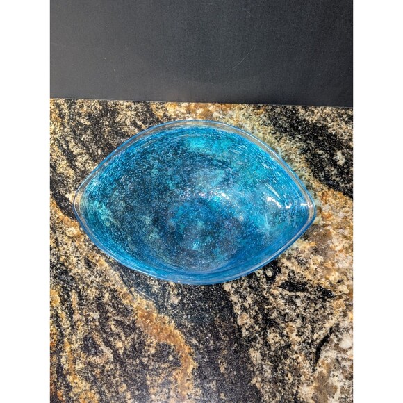 Handmade Blue Bubbled Recycled Art Glass Oblong Heart Bowl Dish Decor 8” - Picture 3 of 7